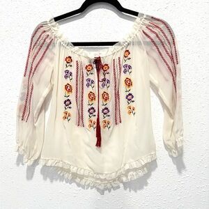 BCBGMaxAzria 100% silk peasant off the shoulder Embroidered blouse 4